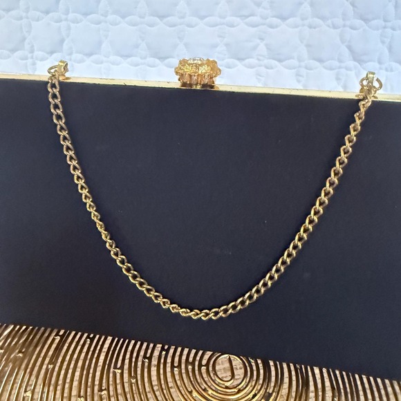 Handbags - Vintage Evening Purse Black with Gold Tone Metal Frame Rhinestone Flower Clasp
